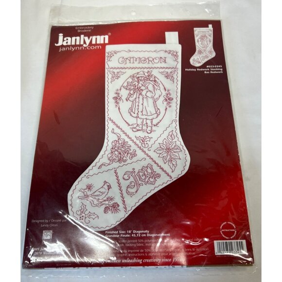 Janlynn Holiday Redwork Christmas Stocking Cross Stitch Kit - Picture 2 of 7